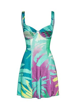 Mini abito senza maniche con reggiseno con ferretto, caratterizzato da un motivo tropicale astratto e colorato nelle tonalità turchese, viola, verde e giallo.