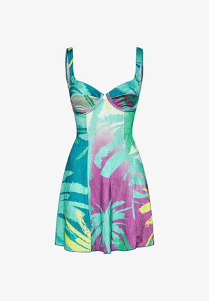 Mini abito senza maniche con reggiseno con ferretto, caratterizzato da un motivo tropicale astratto e colorato nelle tonalità turchese, viola, verde e giallo.