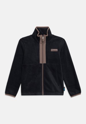 Veste polaire noire zippée avec bordure marron, deux poches avant, col montant et logo Columbia Sportswear sur la poitrine gauche.