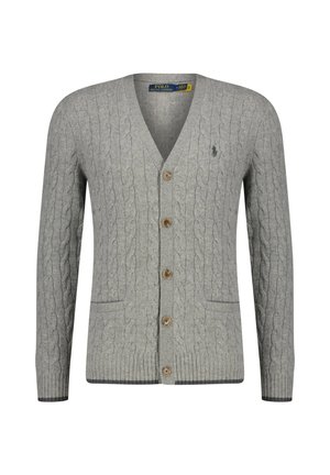 Gray knitted cardigan with a v-neck, featuring cable knit texture, five buttons, two front pockets, and ribbed cuffs and hem.