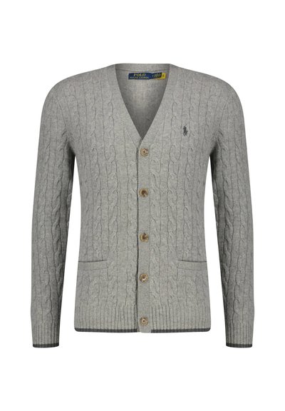 Grijze gebreide cardigan met een V-hals, voorzien van kabelbrei-textuur, vijf knopen, twee voorzakken en ribgebreide manchetten en zoom.