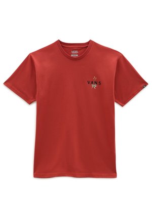 T-shirt Vans couleur rouille avec un petit motif floral jaune et logo Vans sur la poitrine gauche, manches courtes et col rond.