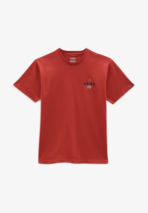 Camiseta Vans color óxido con pequeño diseño floral amarillo y logo de Vans en el pecho izquierdo, mangas cortas y cuello redondo.