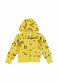 Gul zip-up hoodie med ett lekfullt djur- och blommönster, med huva och muddar. Tillverkad av mjukt bomullsmaterial.