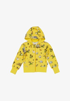 Haut de survêtement zippé jaune mettant en avant un motif animalier et floral amusant, avec une capuche et des poignets. Fabriqué en coton doux.