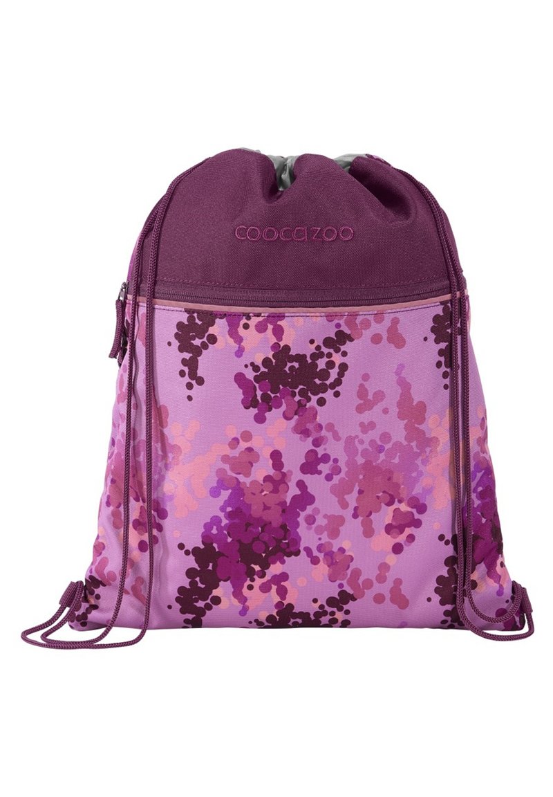 Drawstring backpack in shades of purple with a speckled pattern. Made of durable fabric with a top closure and adjustable straps.