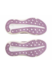 Semelle en caoutchouc violette avec accents blancs, présentant une surface texturée et des motifs de grip circulaires, conçue pour l'adhérence et le confort.