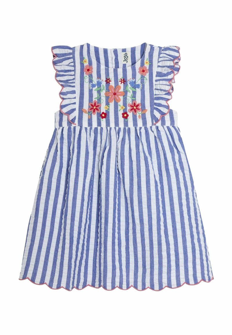 Vestido a rayas azul y blanco con acentos de volantes en los hombros, bordado floral en rosa y rojo, y un dobladillo ondulado.