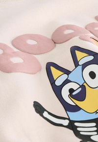Lichtroze sweatshirt met verhoogde roze letters die "Boo" spellen, met een blauwe cartoonhond en een wit botpatroon op de buik.