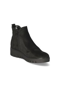Black suede ankle boot with a smooth finish, side zipper, and textured rubber sole featuring a slight wedge for support.