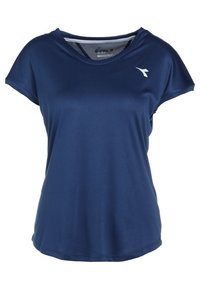 Navy short-sleeve athletic shirt in smooth fabric with a round neckline and a white logo on the chest. Features a relaxed fit and breathable mesh insert.