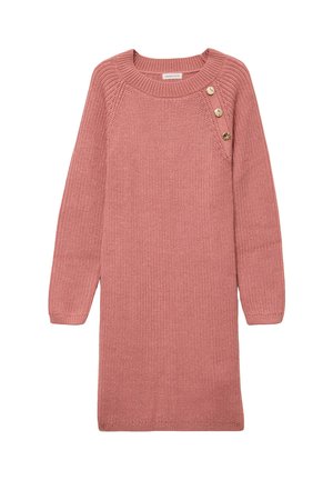 Gestricktes Kleid in sanftem Rosa mit langen Ärmeln, rundem Ausschnitt und dekorativen Knöpfen auf der linken Schulter. Verfügt über eine gerippte Struktur.