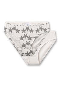 Zwei Paar Damen-Slips: eines mit grauem Sternenmuster auf weißem Hintergrund und ein einfarbig weißes Paar. Beide sind aus weichem Stoff und haben elastische Bündchen.