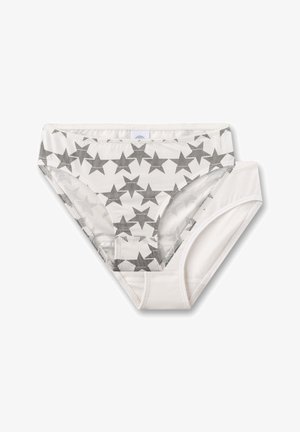Due paia di slip da donna: uno con motivo di stelle grigie su sfondo bianco e uno completamente bianco. Entrambi presentano tessuto morbido e cinture elastiche.