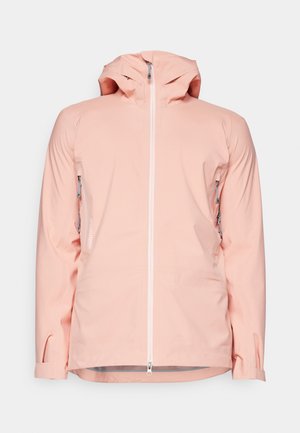 Light pink waterproof jacket with a zip front, adjustable hood, and zippered pockets. Features elastic cuffs and a smooth texture.