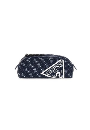 Navy blue fabric pencil case with an all-over logo pattern; features a zip closure and a white branded accent design. Compact rectangular shape.