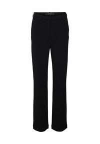 Czarne spodnie o prostym kroju nogawki, wykonane z gładkiej tkaniny. Posiadają szlufki na pasek oraz czysty, minimalistyczny fason.