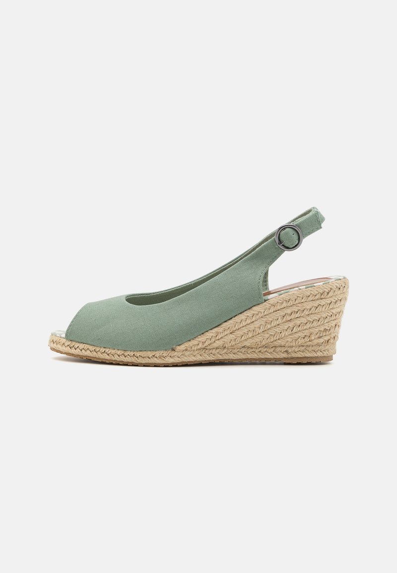 Sandale compensée en tissu vert avec une ouverture à l'avant, talon en jute tressé, et bride arrière réglable avec une boucle en métal.