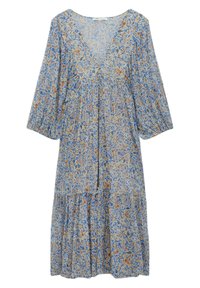 Pitkähihaiseen midi-mekkoon, jossa on V-pääntie, kuuluu sininen, oranssi ja beige kukkakuviollinen paisley-kuosi sekä kerroksellinen, rypytetty hame.