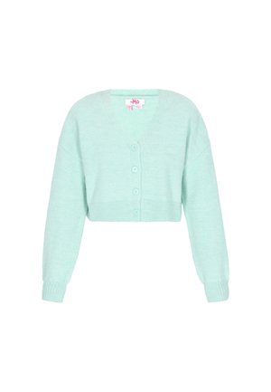 Mentolová skrátená cardigan vyrobená z jemného pleteného materiálu, s výstrihom do V, dlhými rukávmi a predným zapínaním na päť gombíkov s rebrovanými manžetami.