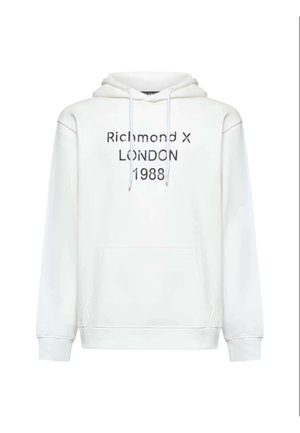 Felpa bianca con tasca frontale, caratterizzata da testo nero "Richmond X LONDON 1988" stampato in un carattere audace e moderno. Tessuto morbido con cordini regolabili.