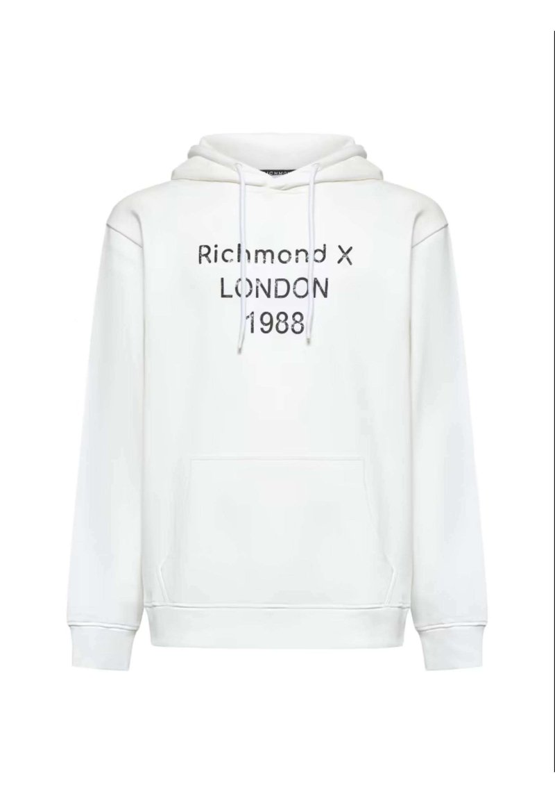 Felpa bianca con tasca frontale, caratterizzata da testo nero "Richmond X LONDON 1988" stampato in un carattere audace e moderno. Tessuto morbido con cordini regolabili.