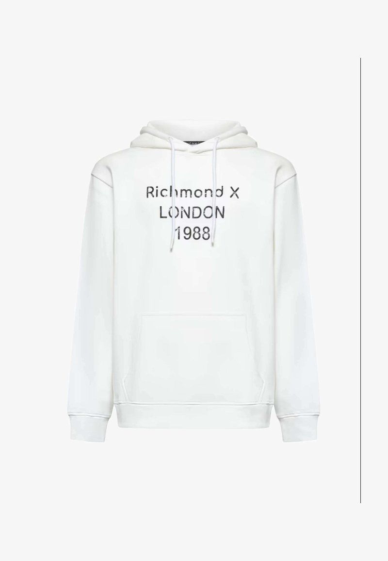 Felpa bianca con tasca frontale, caratterizzata da testo nero "Richmond X LONDON 1988" stampato in un carattere audace e moderno. Tessuto morbido con cordini regolabili.