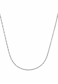 Collana in argento con design intrecciato, superficie liscia e anelli tondeggianti, lunga circa 18 pollici.