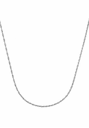 Collana in argento con design intrecciato, superficie liscia e anelli tondeggianti, lunga circa 18 pollici.
