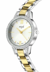 Gold- und Silbermetall-Uhr mit einem Swarovski-Kristalldesign, weißem Zifferblatt, gelben Stundenmarkierungen und einem zweifarbigen Armbanddesign.