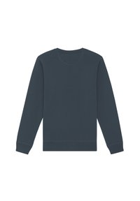 Donkergrijze long-sleeve crewneck sweatshirt met geribbelde manchetten en zoom. Glad stoffen textuur, basisontwerp, geen patronen of versieringen.