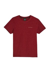 Czerwona koszulka z krótkim rękawem, wykonana z teksturowanej tkaniny w wzór z drobnymi plamkami. Posiada okrągły dekolt oraz subtelne logo z przodu.