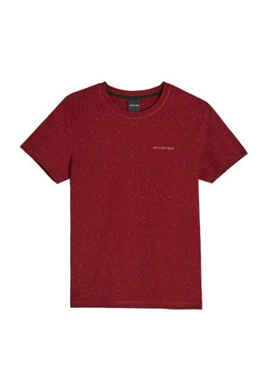 Czerwona koszulka z krótkim rękawem, wykonana z teksturowanej tkaniny w wzór z drobnymi plamkami. Posiada okrągły dekolt oraz subtelne logo z przodu.