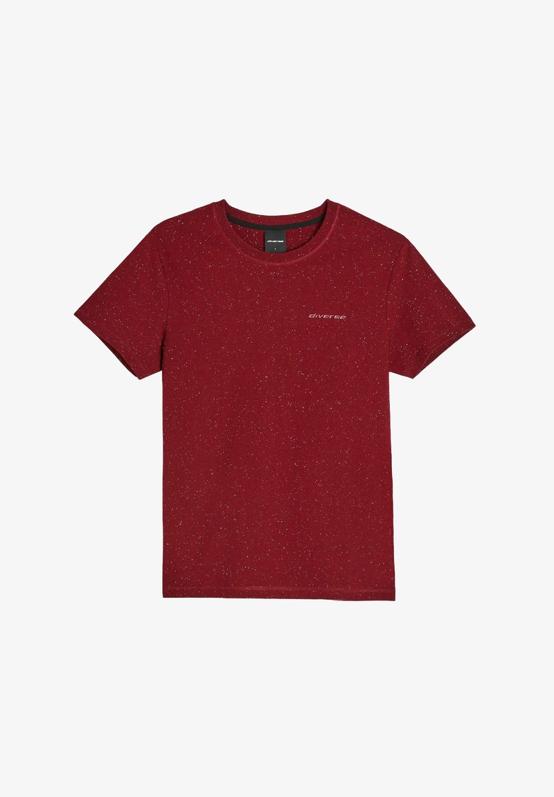 Czerwona koszulka z krótkim rękawem, wykonana z teksturowanej tkaniny w wzór z drobnymi plamkami. Posiada okrągły dekolt oraz subtelne logo z przodu.