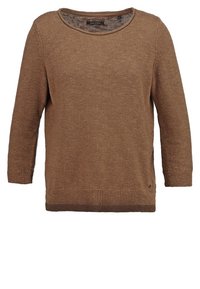 Maglione lavorato a maglia marrone con scollatura rotonda, maniche lunghe e polsini a coste. Presenta un tessuto testurizzato e un piccolo dettaglio con logo sull'orlo.