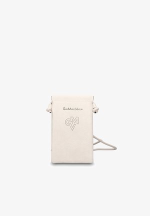 Small white leather crossbody pouch with drawstring closure and perforated GMV logo on front.