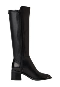 Bottes en cuir noir, hauteur genou, avec un bout pointu, fermeture éclair latérale et un talon épais. Texture lisse et accents minimaux lui confèrent un aspect épuré.