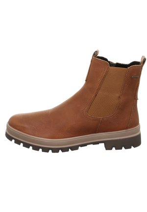 Brauner Stiefelette mit strukturiertem Lederobermaterial, elastischen Seitenteilen und einer robusten Gummisohle mit tiefem Profil für guten Halt.