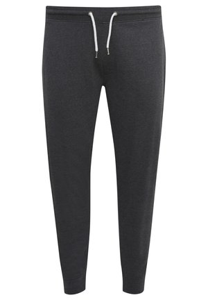 Dunkelgraue Jogginghosen aus weichem Stoff, mit einem elastischen Bund und einer weißen Kordel, tapered Beinen und gerippten Bündchen.