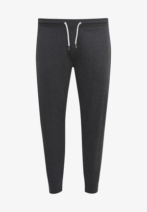 Dunkelgraue Jogginghosen aus weichem Stoff, mit einem elastischen Bund und einer weißen Kordel, tapered Beinen und gerippten Bündchen.
