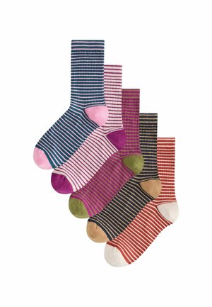 Five pairs of striped crew socks in blue-pink, white-purple, purple-green, navy-tan, and red-white color combinations arranged overlapping.