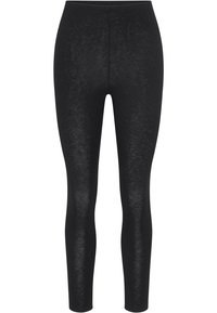 Zwarte Leggings gemaakt van een structuurstof, met een hoge taille en een aansluitend design dat de benen omarmt. Geen zichtbare patronen of accessoires.