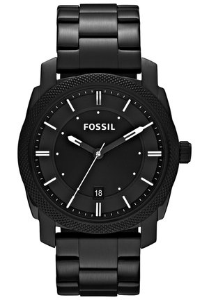 Reloj de acero inoxidable negro con un bisel texturizado, esfera negra minimalista, marcadores de horas blancos y una pantalla de fecha a las 6 en punto.