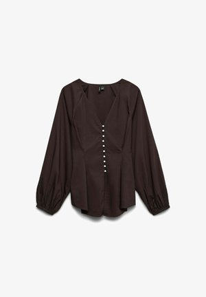 Blouse marron à manches longues avec un décolleté en V profond et une fermeture à boutons ornée de perles blanches. Tissu doux avec des manches légèrement froncées et une coupe décontractée.