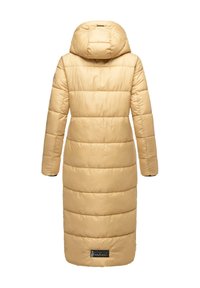 Long beige puffer coat with a hood, featuring horizontal quilted sections and a logo patch at the hem. Made of smooth, padded material.