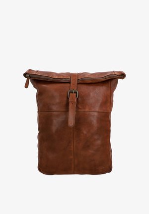 Brown leather roll-top backpack with front buckle strap and visible zipper along the folded top edge on a white background.