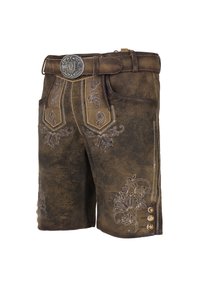Brune lædershorts med udsmykkede broderede mønstre, et sølvfarvet spænde og knapdetaljer på siderne.
