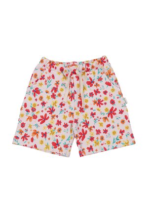 Children's shorts with an elastic waistband and drawstring, featuring a colorful floral pattern on a white background.
