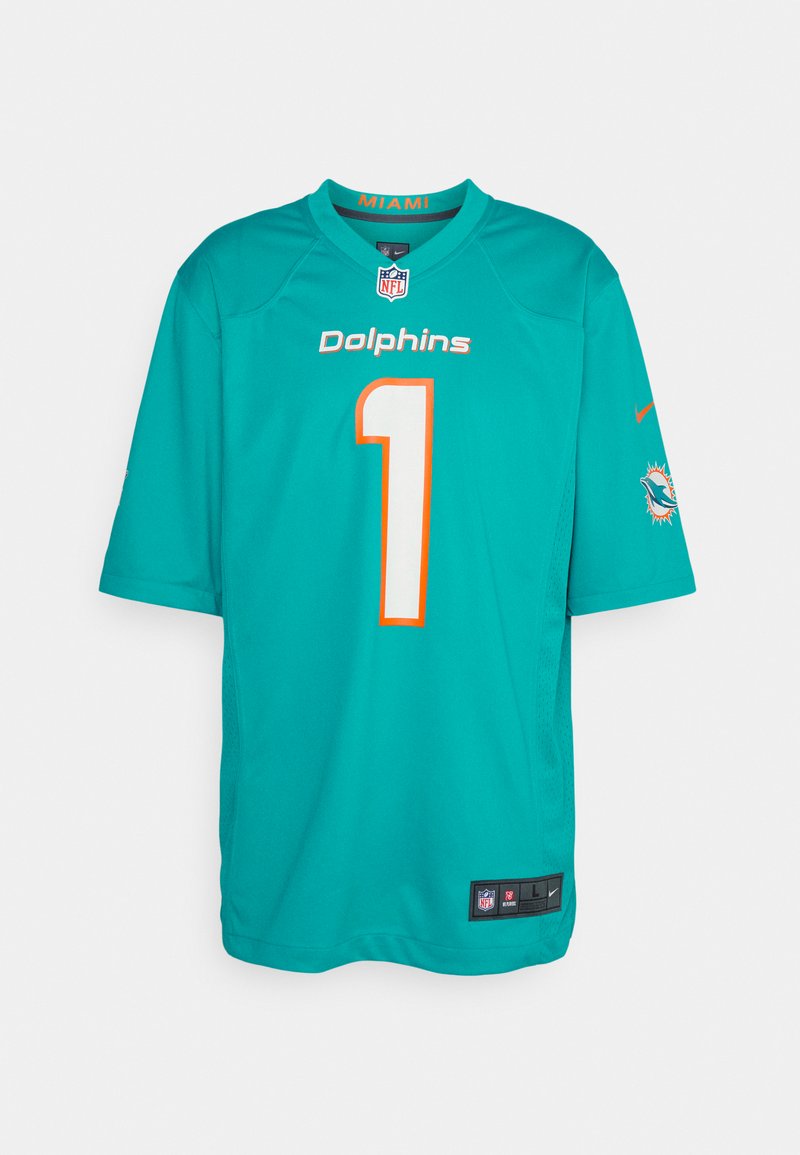 Miami Dolphins mez zöldeskék színben, narancssárga részletekkel, rajta a fehér "1"-es szám. Könnyű anyagból készült, rövid ujjú, hálós oldalrészekkel.