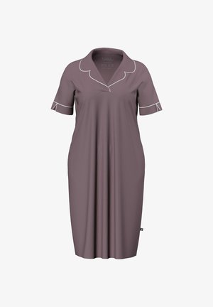 Lila knielanges Kleid mit kurzen Ärmeln, weißen Paspelierungen entlang des Kragens und der Manschetten sowie einem V-Ausschnitt.